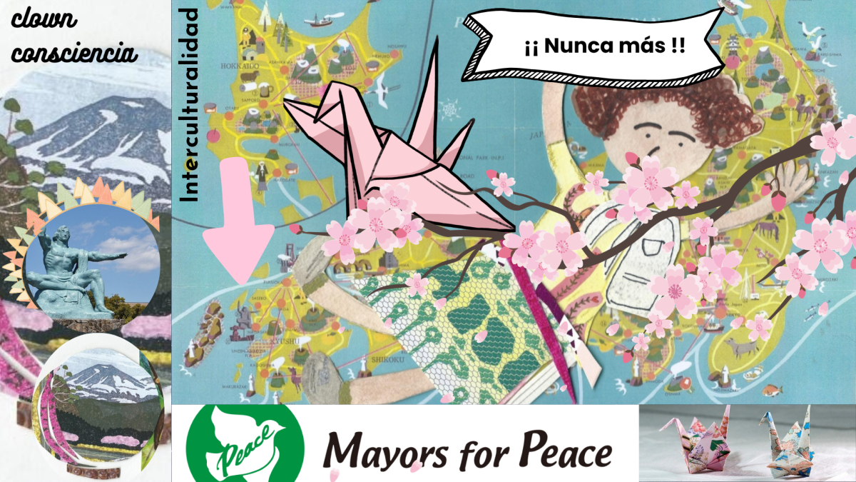 a map of japan as the base of a collage, pink paper crane (origami) and pink arrow indicating Nagaski